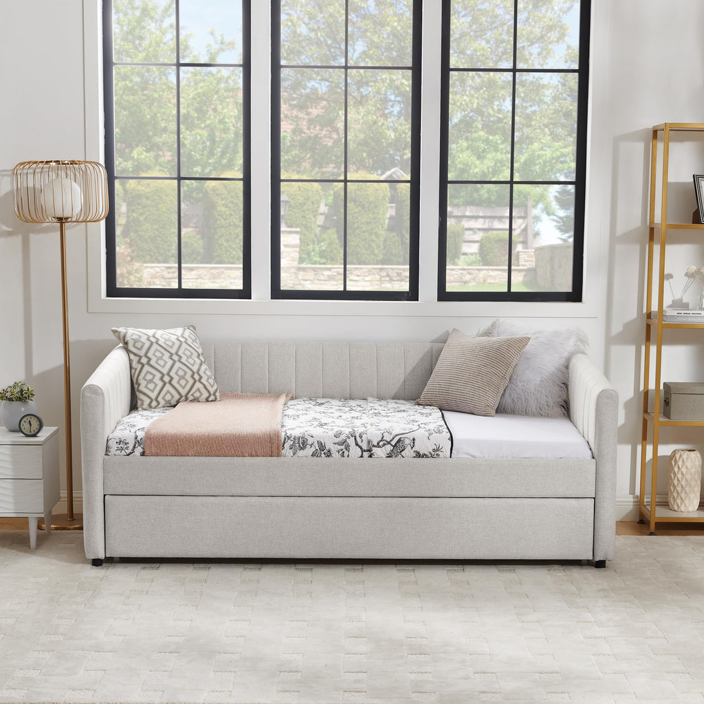 Beige Linen Twin Size Daybed with Trundle Z38306