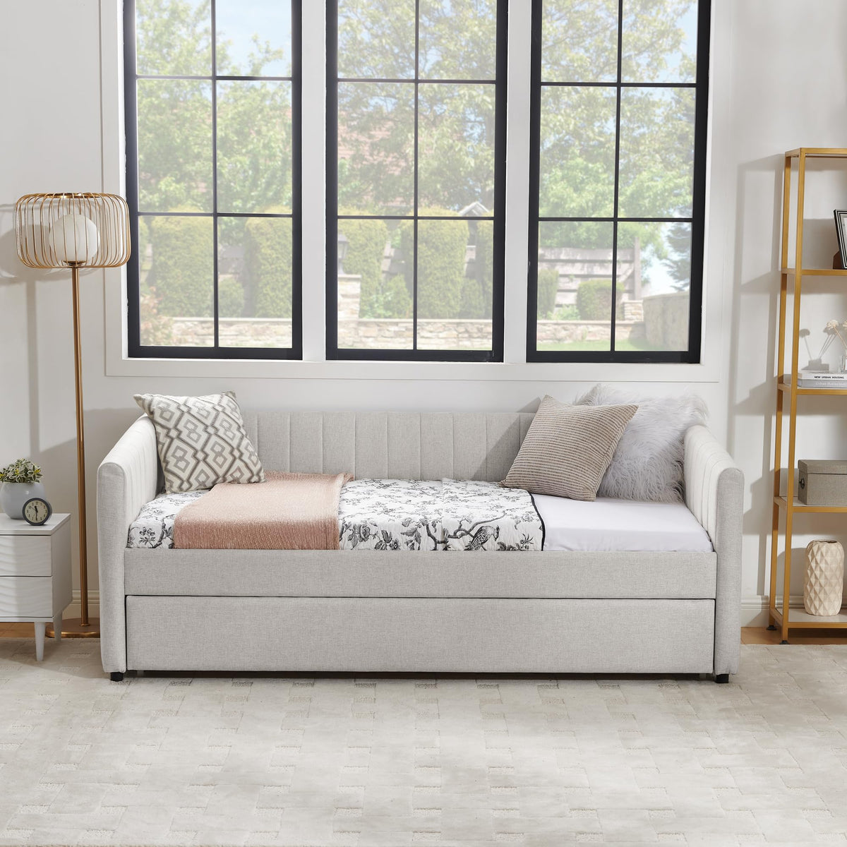 Beige Linen Twin Size Daybed with Trundle Z38306