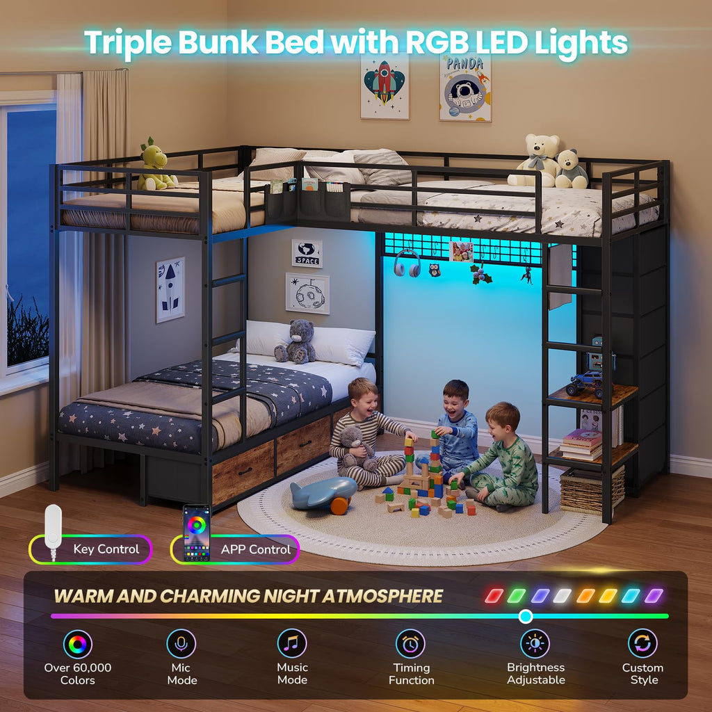 Black Twin Over Twin Triple Bunk Bed with 9 Storage Drawers N726902