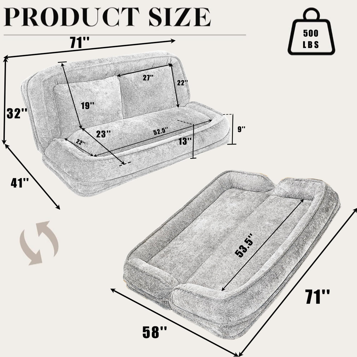 Oversized Convertible Floor Sofa Bed with 3 Pillows M227617