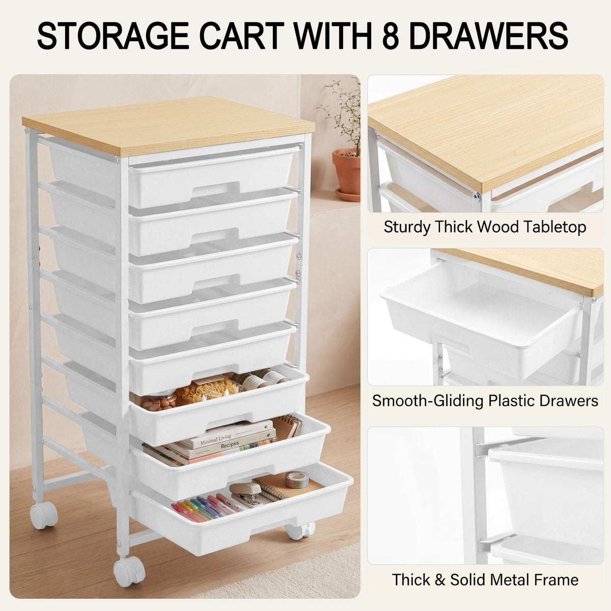 8 Drawer Rolling Storage Cart with Wooden Tabletop C88084
