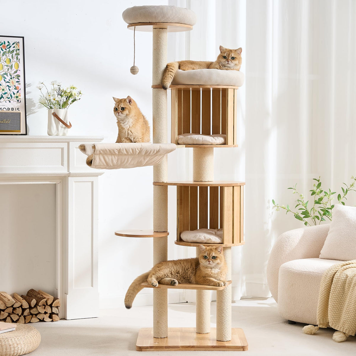 70" Wood Cat Tree with 2 Cat Caves G403010