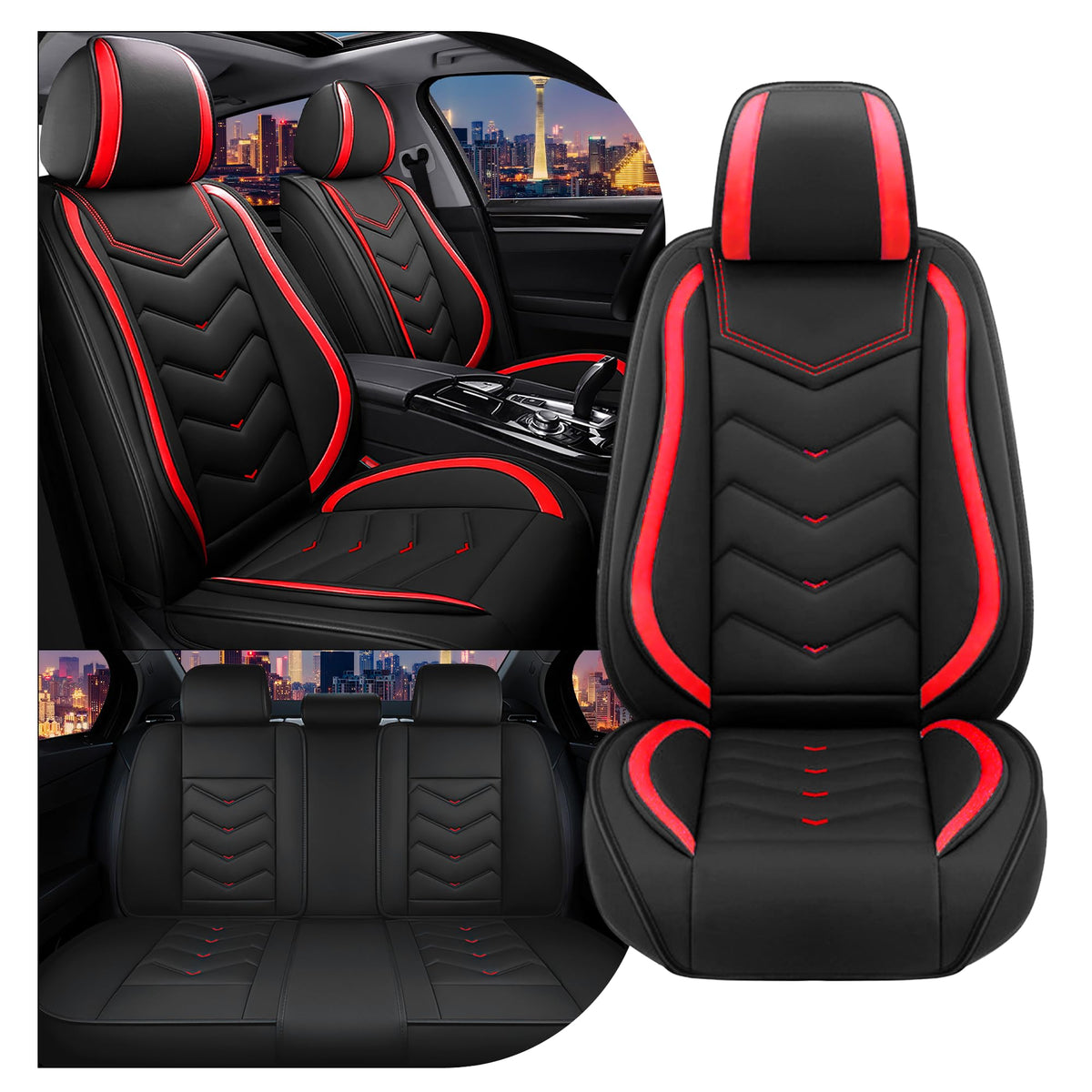Black Red Nappa Leather Car Seat Covers Set S469