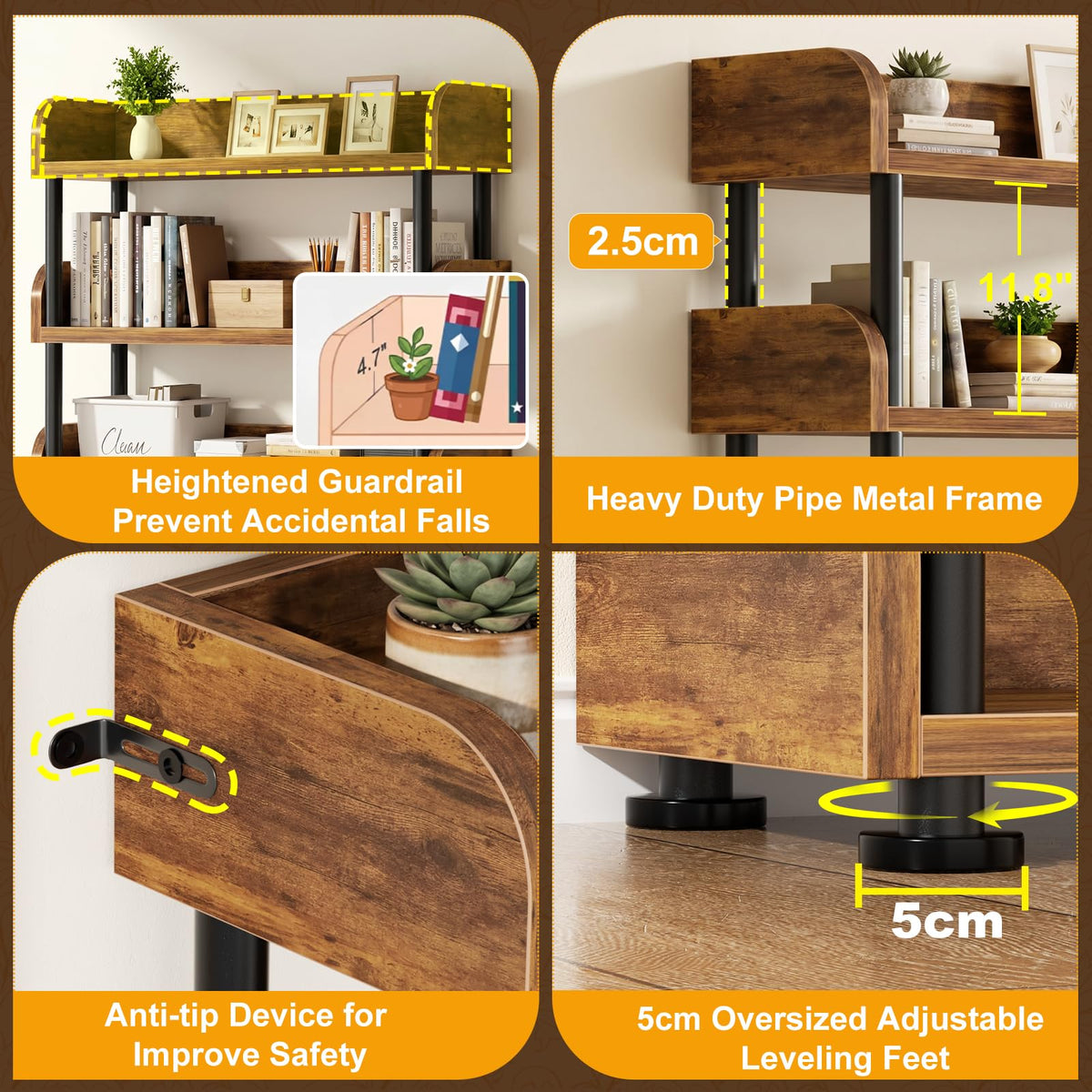 6-Tier Tall Open Bookshelf with Metal Frame O50199