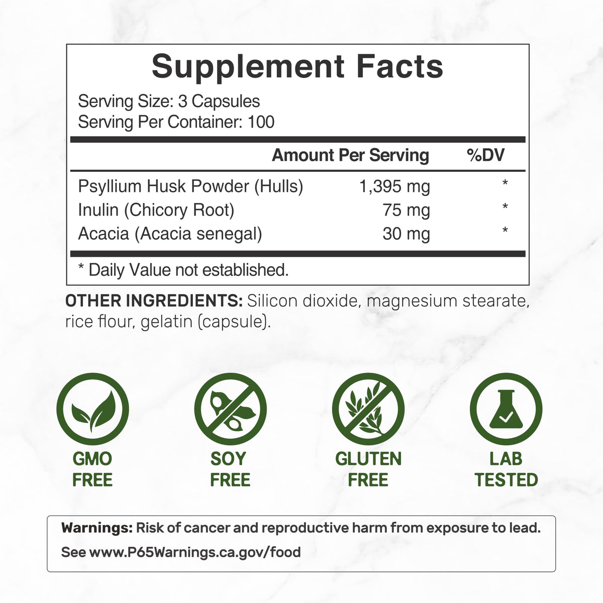 Psyllium Husk 1500mg 300 Capsules 3 in 1 Fiber Supplement Q726