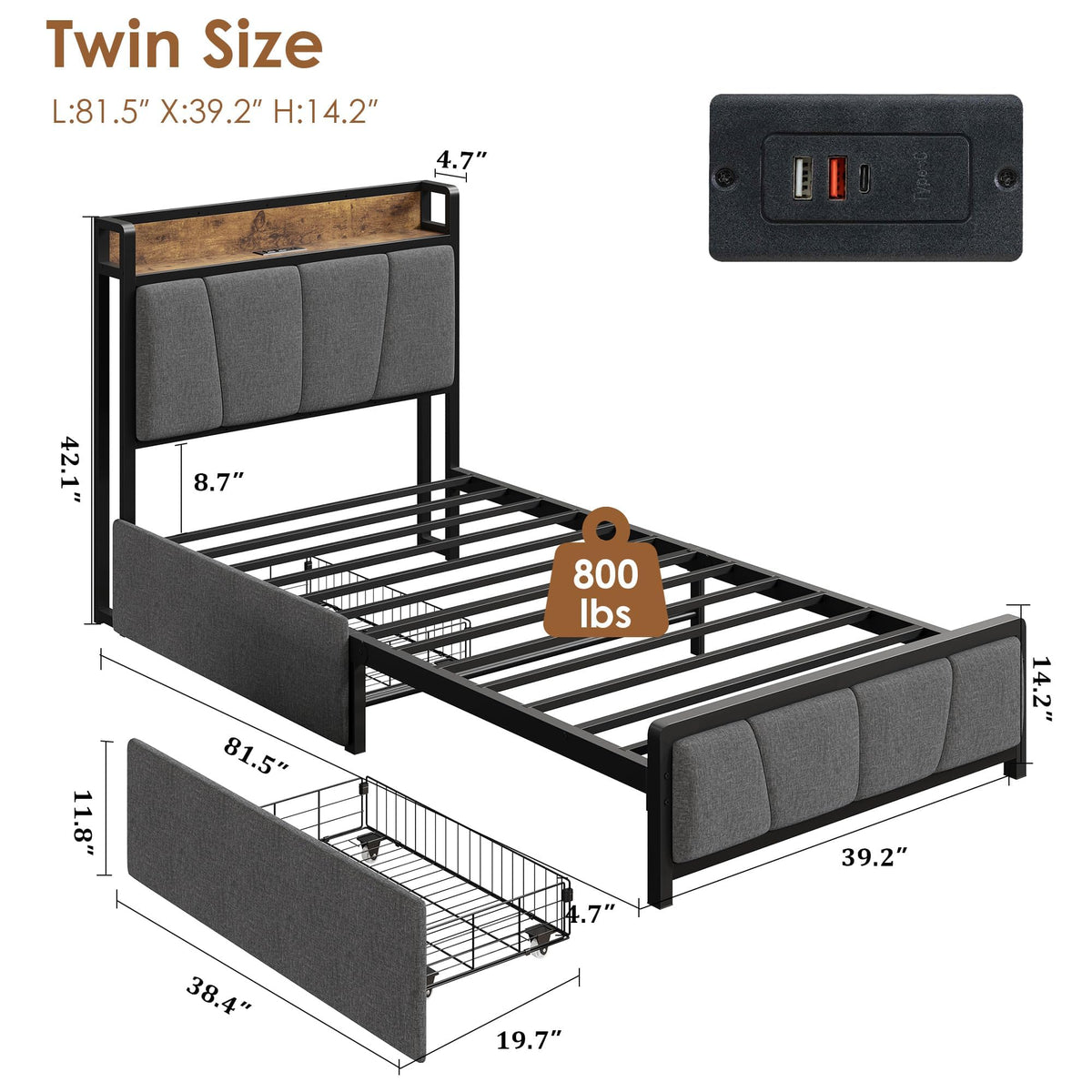 Gray Twin Size Bed Frame with 2 Drawers Q994