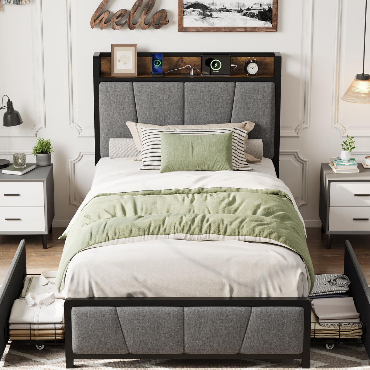 Gray Twin Size Bed Frame with 2 Drawers Q994
