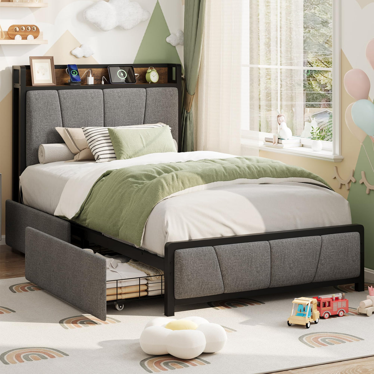 Gray Twin Size Bed Frame with 2 Drawers Q994