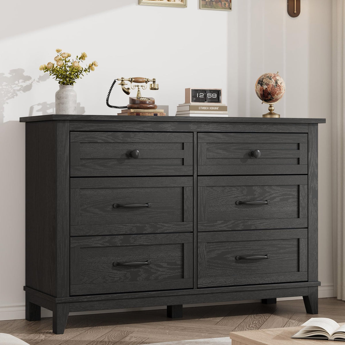 6 Drawer Wood Dresser Dark Black K9123