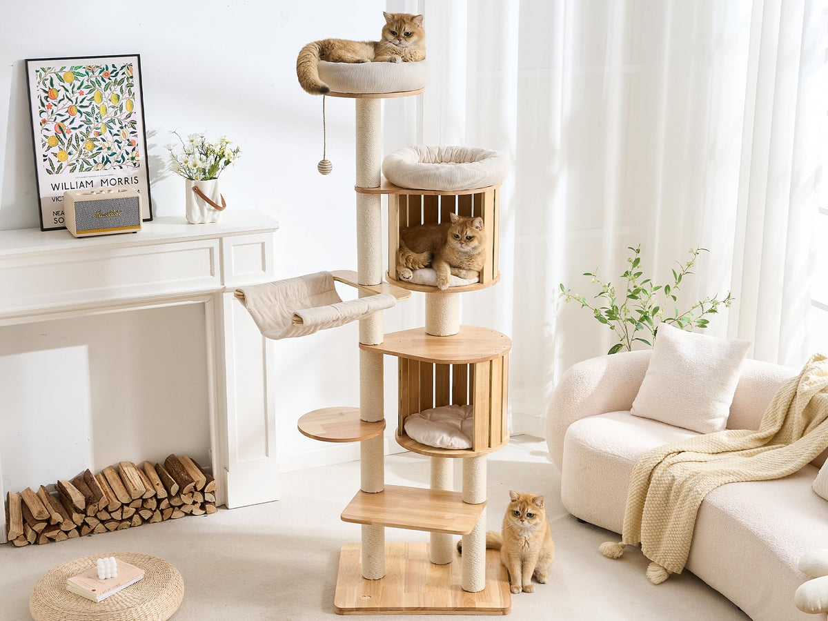 70" Wood Cat Tree with 2 Cat Caves G403010