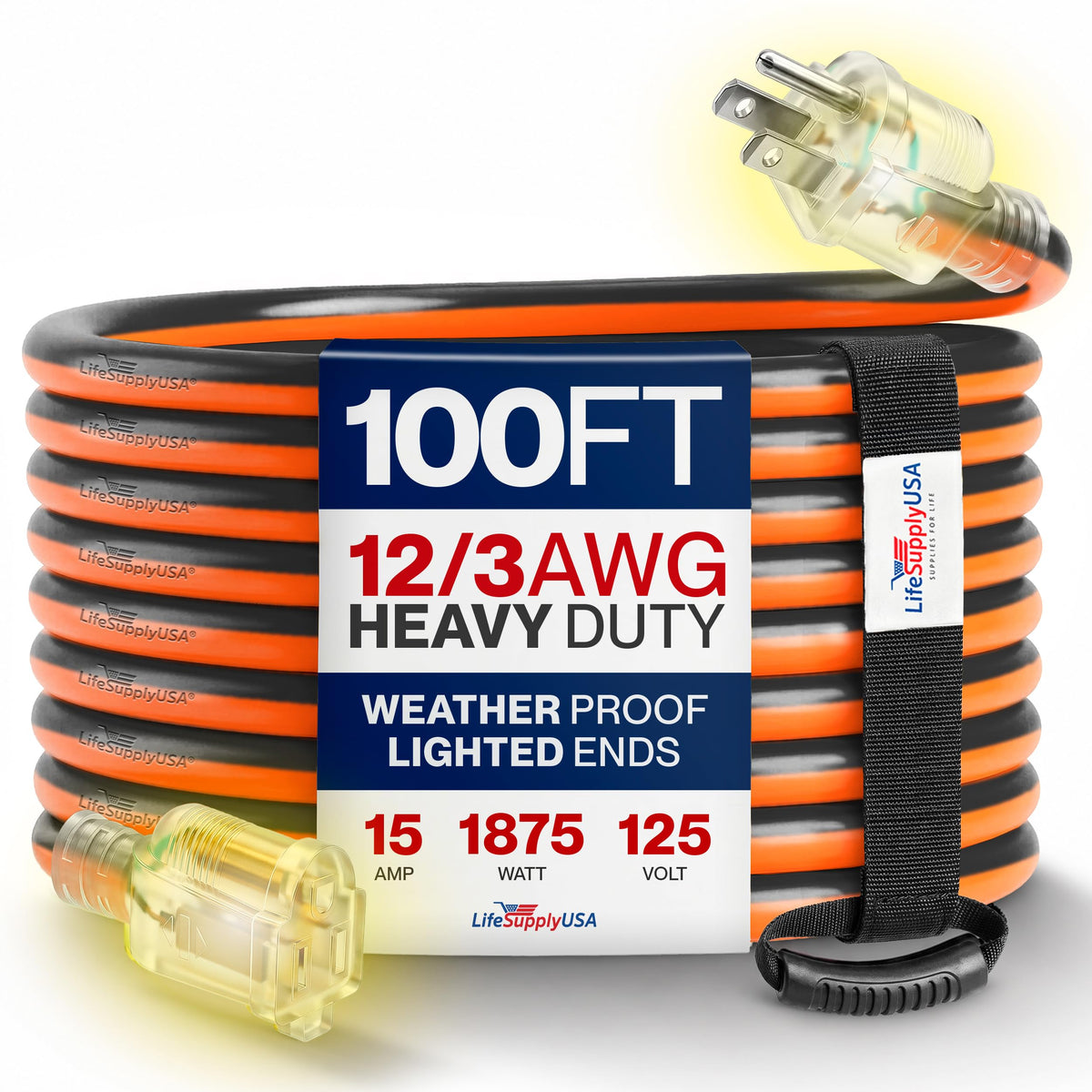 100ft 12/3 Gauge Heavy Duty Extension Cord, Waterproof, 15A 125V, Orange and Black S88216