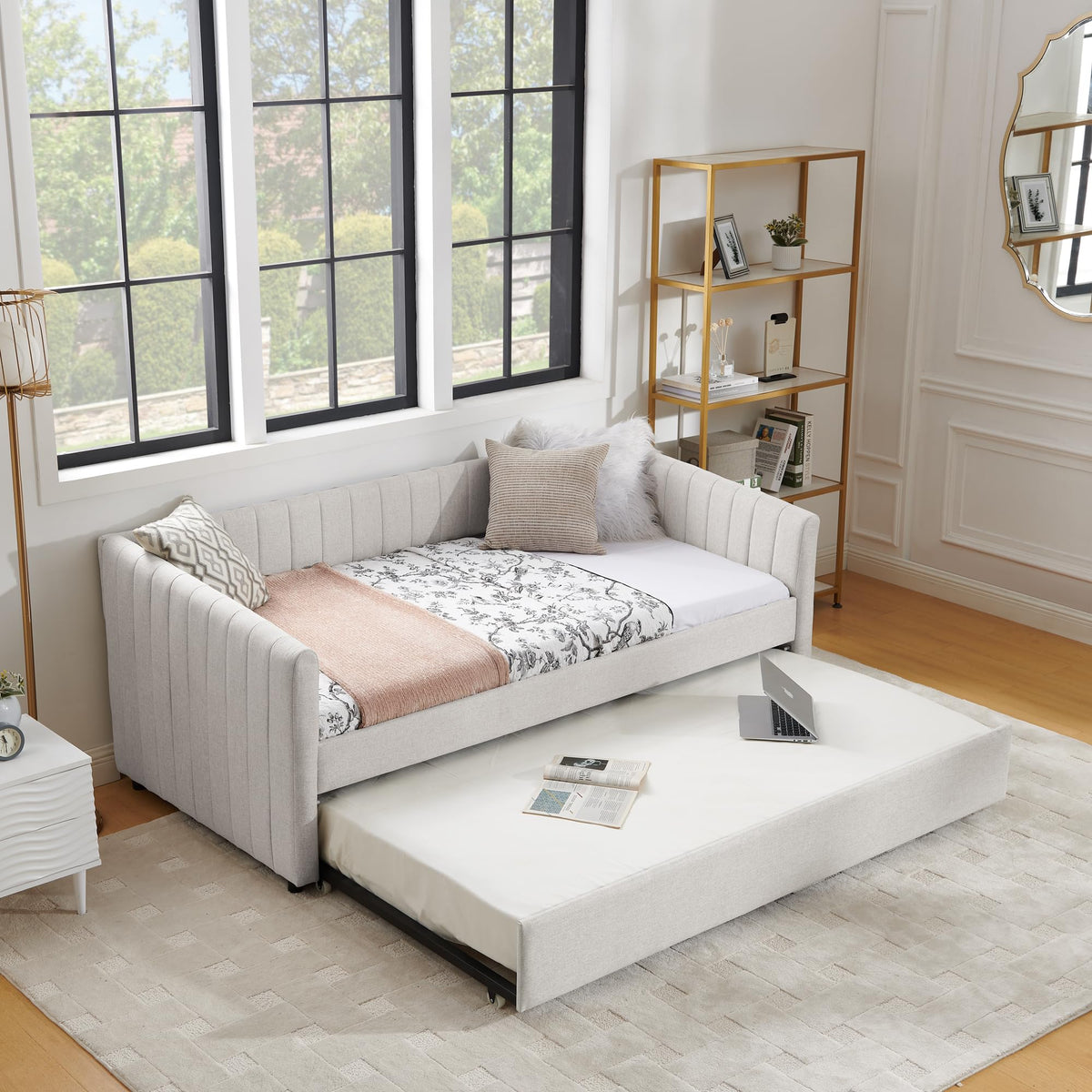 Beige Linen Twin Size Daybed with Trundle Z38306