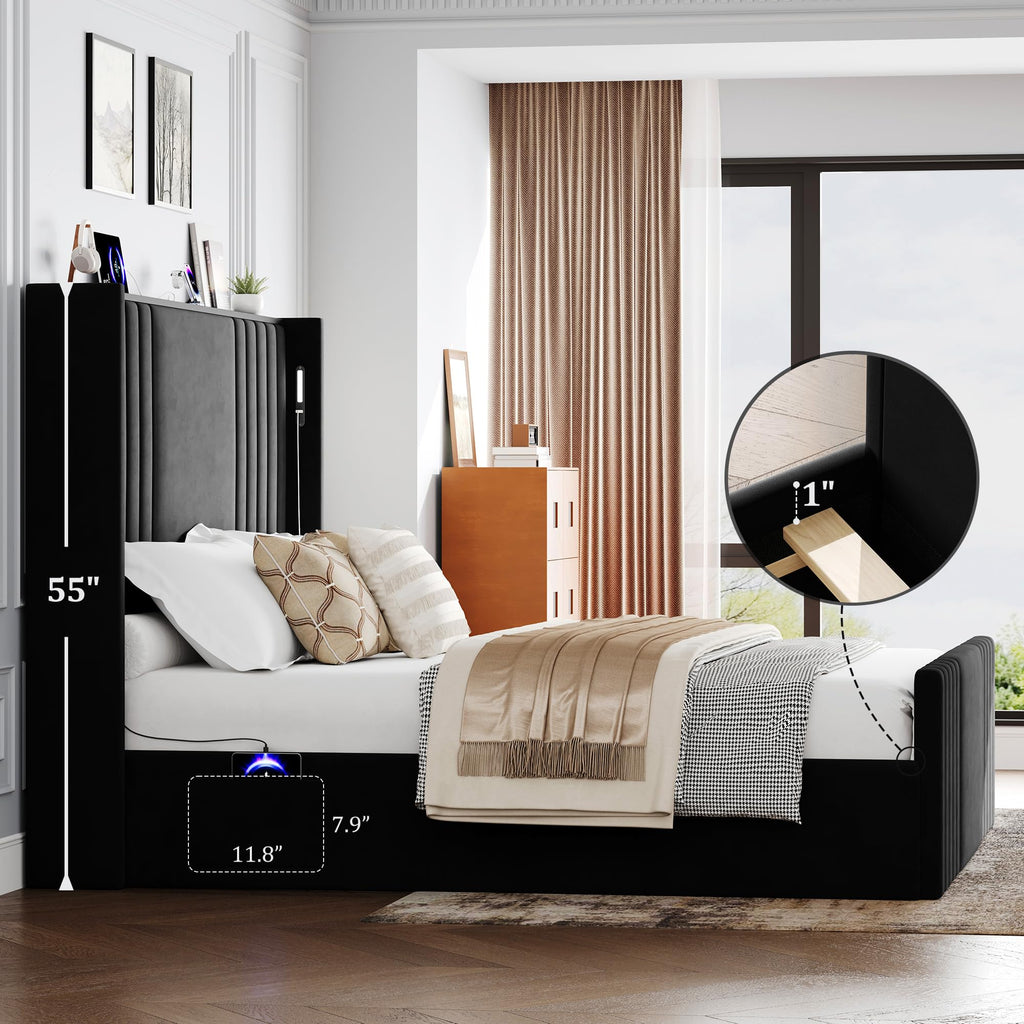 Queen Size Platform Bed Frame with Reading Lights X18139