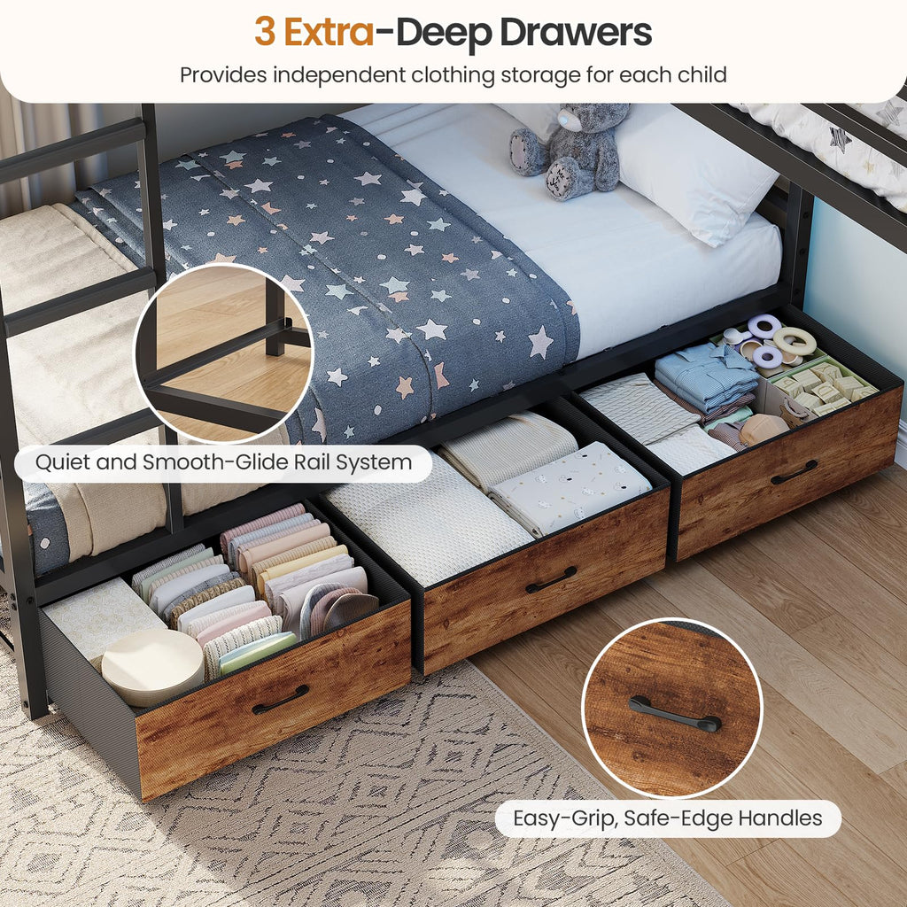 Black Twin Over Twin Triple Bunk Bed with 9 Storage Drawers N726902