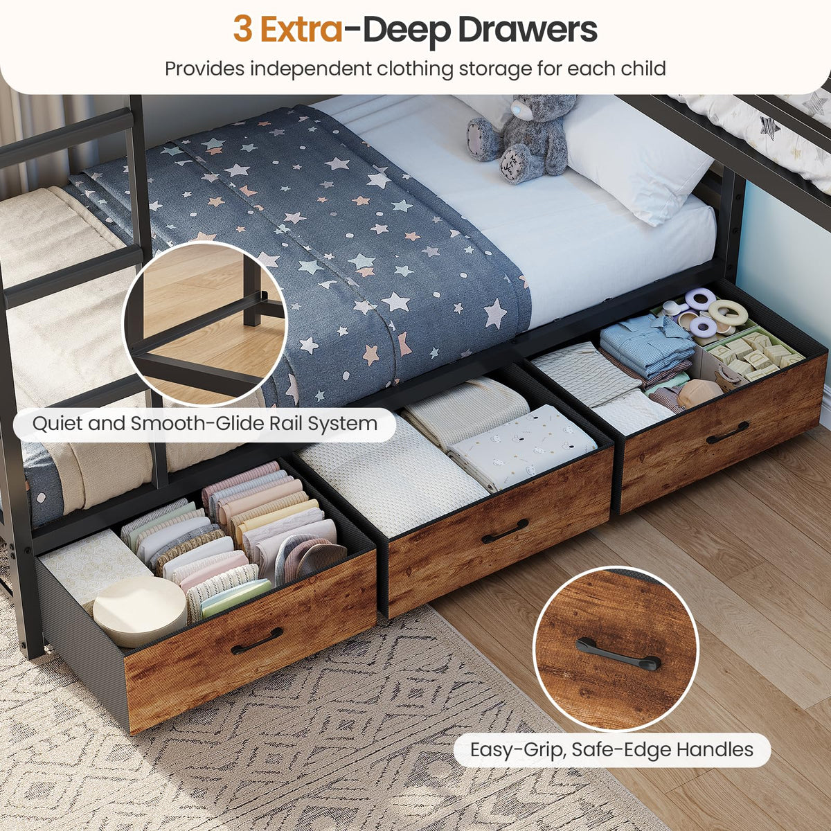 Black Twin Over Twin Triple Bunk Bed with 9 Storage Drawers N726902