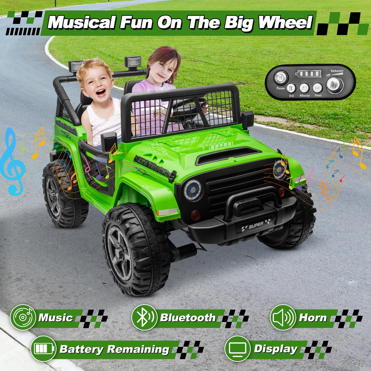 24V Ride on Car with Remote Control, 2 Seater 4WD/2WD Truck, Green S3400