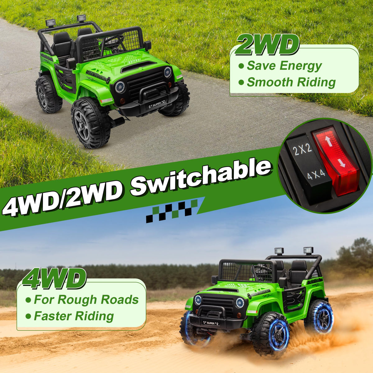 24V Ride on Car with Remote Control, 2 Seater 4WD/2WD Truck, Green S3400