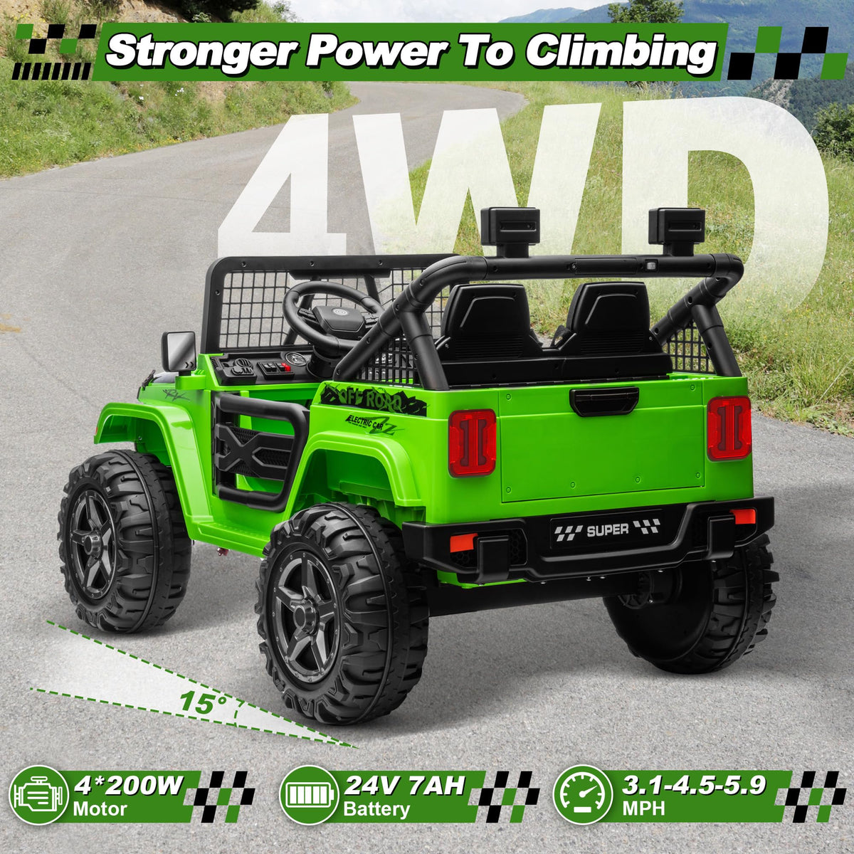 24V Ride on Car with Remote Control, 2 Seater 4WD/2WD Truck, Green S3400
