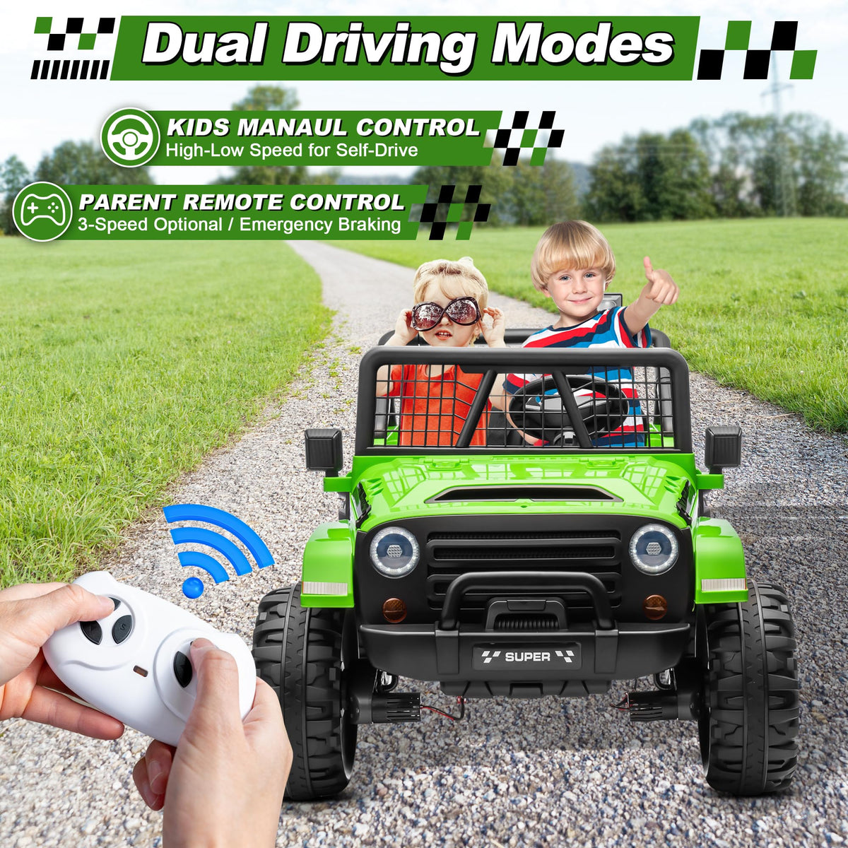 24V Ride on Car with Remote Control, 2 Seater 4WD/2WD Truck, Green S3400